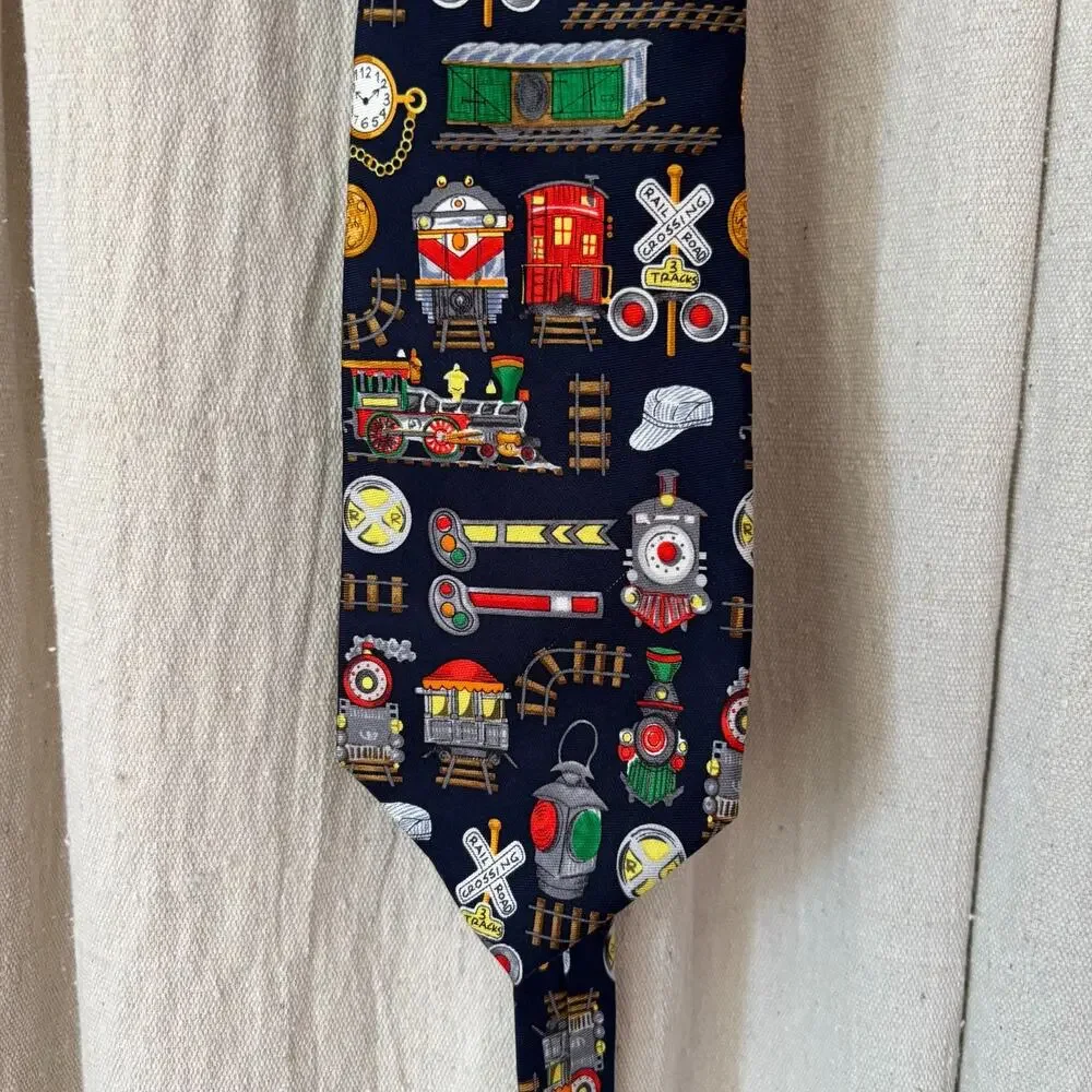 Alynn Neckwear 100% Silk Tie Navy Blue Railroad Train Theme Novelty USA Made